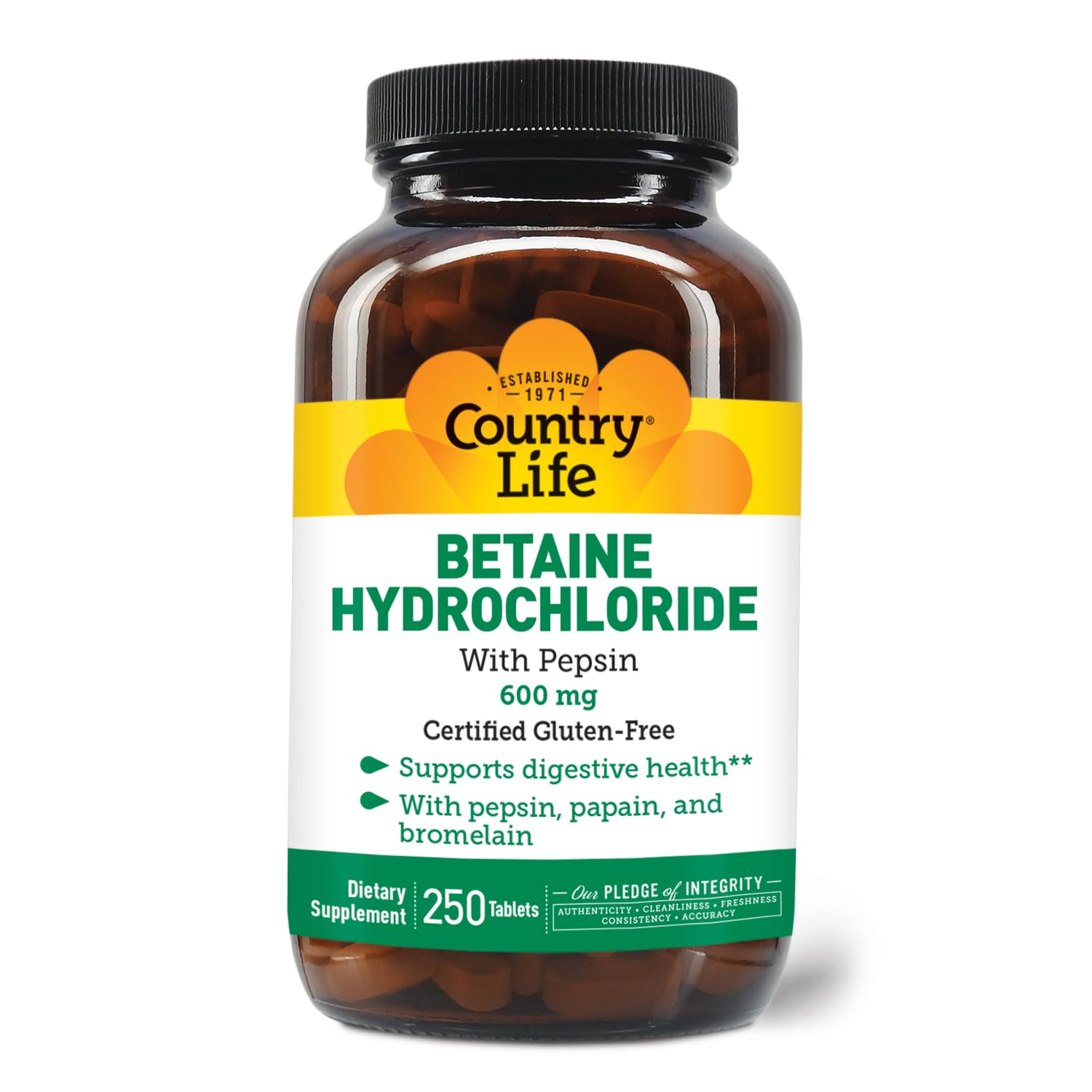 Country Life Betaine Hydrochloride with Pepsin bottle – front view