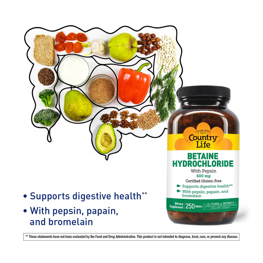 Nutrition facts panel of Country Life Betaine Hydrochloride with Pepsin