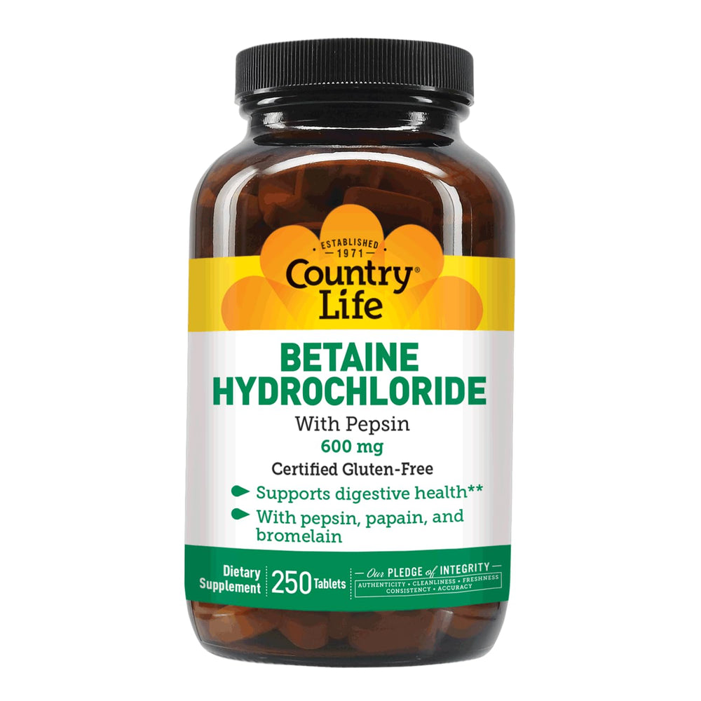 Branding and packaging close-up of Country Life Betaine HCl with Pepsin