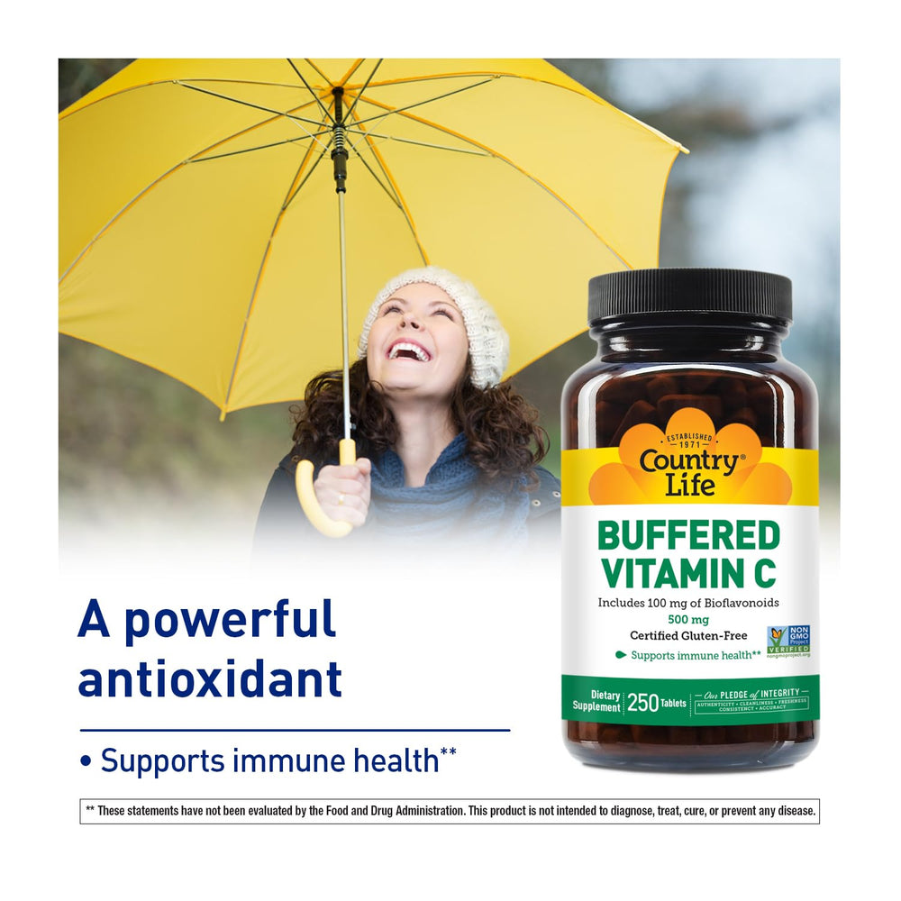 Graphic highlighting bioflavonoids in Country Life Vitamin C supplement