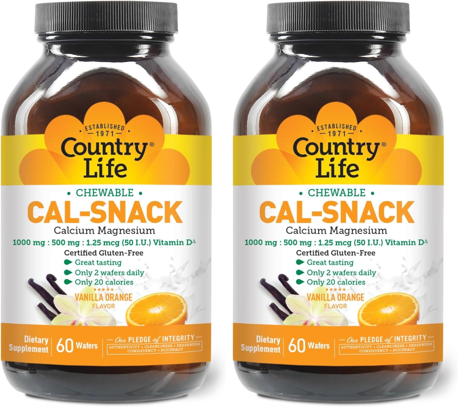 Front view of Country Life Cal-Snack packaging and bottle