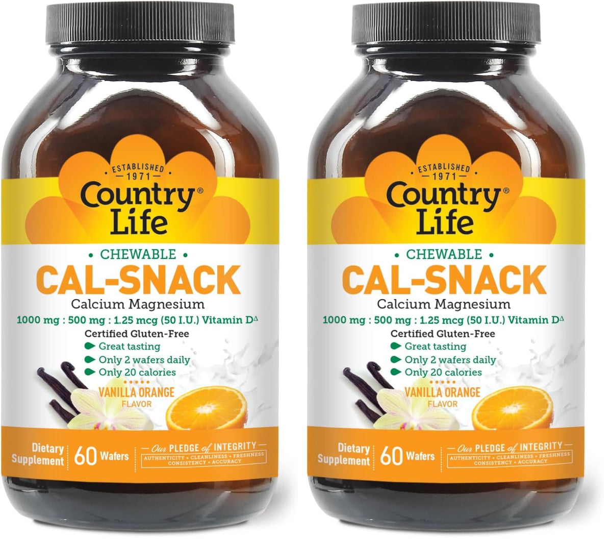 Front view of Country Life Cal-Snack packaging and bottle