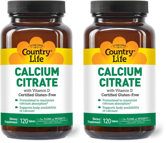 Country Life Calcium Citrate with Vitamin D bottle 500 mg, 120 tablets pack of 2
