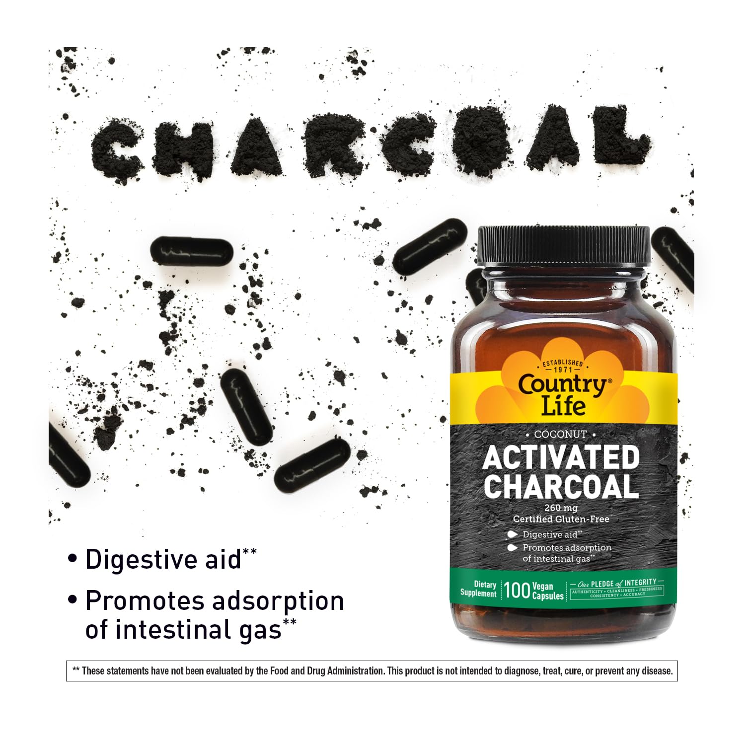 Vegan, gluten-free activated charcoal capsules