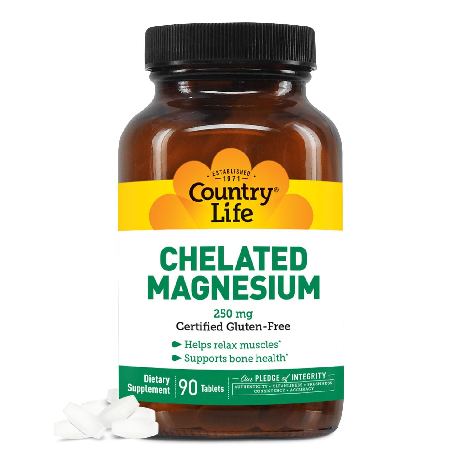 Country Life Chelated Magnesium 250mg bottle on white background