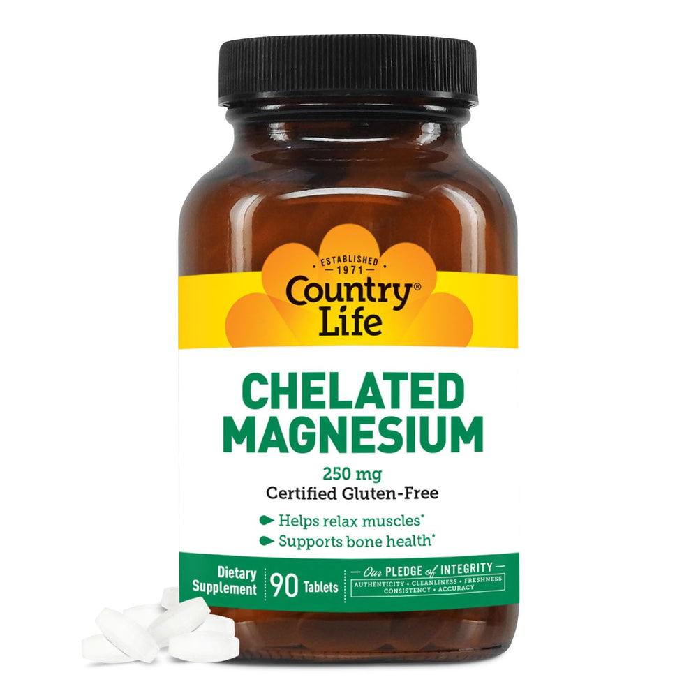 Country Life Chelated Magnesium 250mg bottle on white background