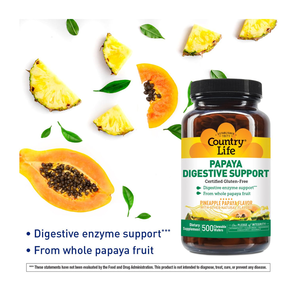 Country Life Papaya Enzymes bottle back label with ingredients.