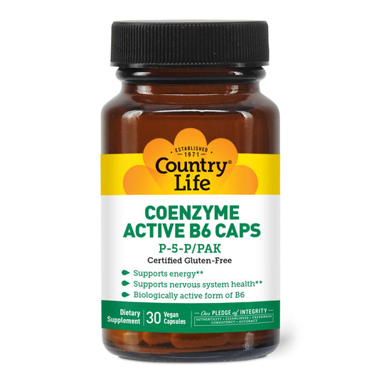 Front view of Country Life Coenzyme Active B-6 50 mg Vitamin B6 30 vegetarian capsules