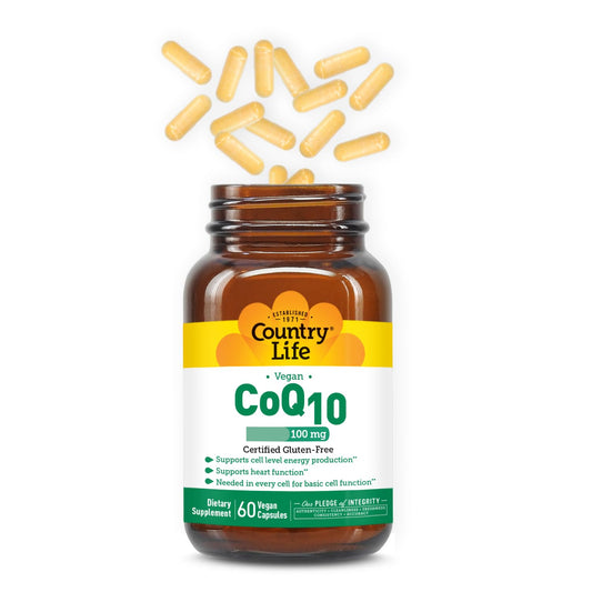 Close-up of Country Life CoQ10 100mg vegan softgels