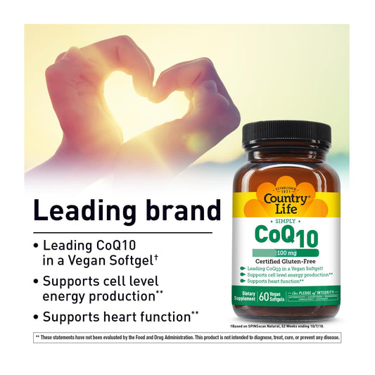 CoQ10 bottle highlighting heart health benefits