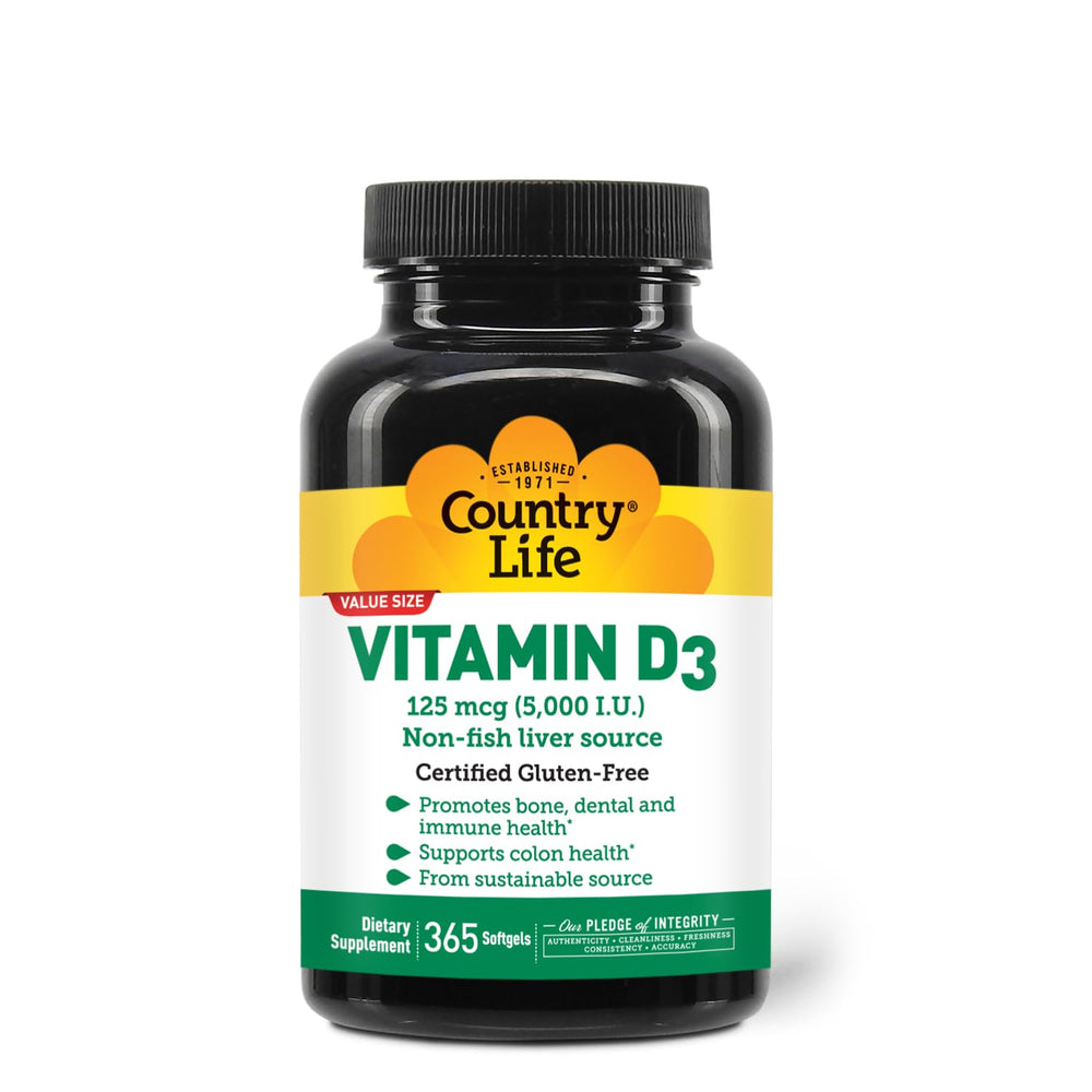 Country Life Vitamin D3 5000 IU bottle with 365 softgels – front view
