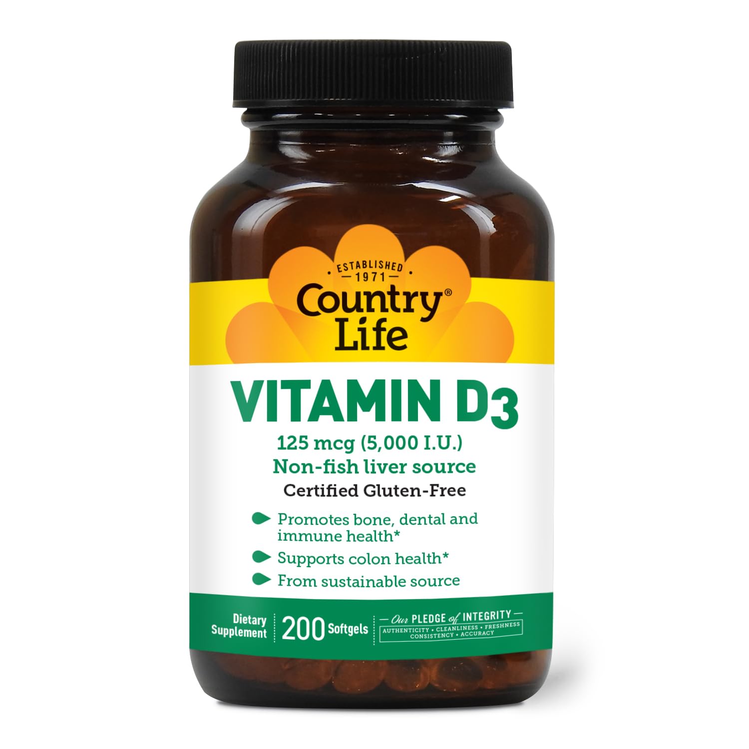 Country Life Vitamin D3 5000 IU bottle highlighting immune and bone health