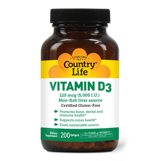 Country Life Vitamin D3 5000 IU bottle highlighting immune and bone health
