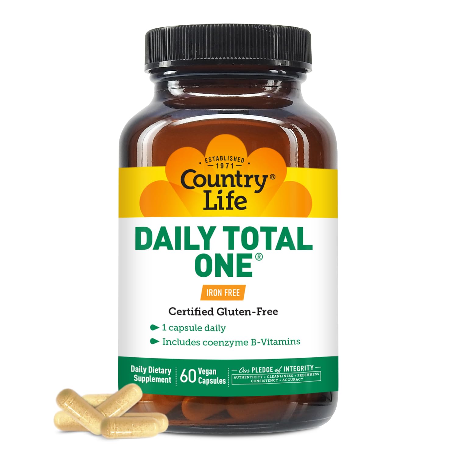 Bottle of Country Life Daily Total One Iron-Free Multivitamin with 60 vegan capsules