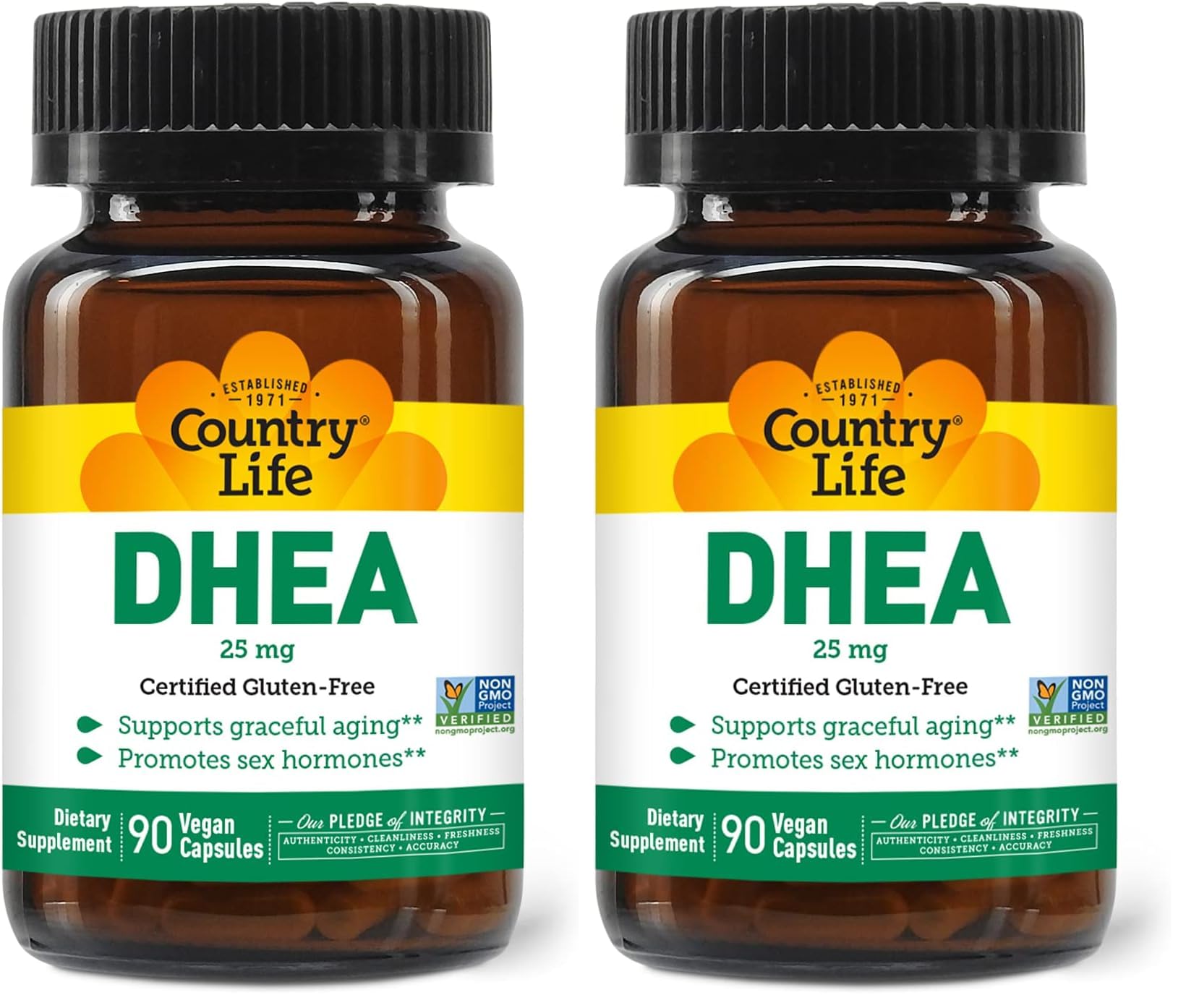 Front view of Country Life DHEA 25mg bottle