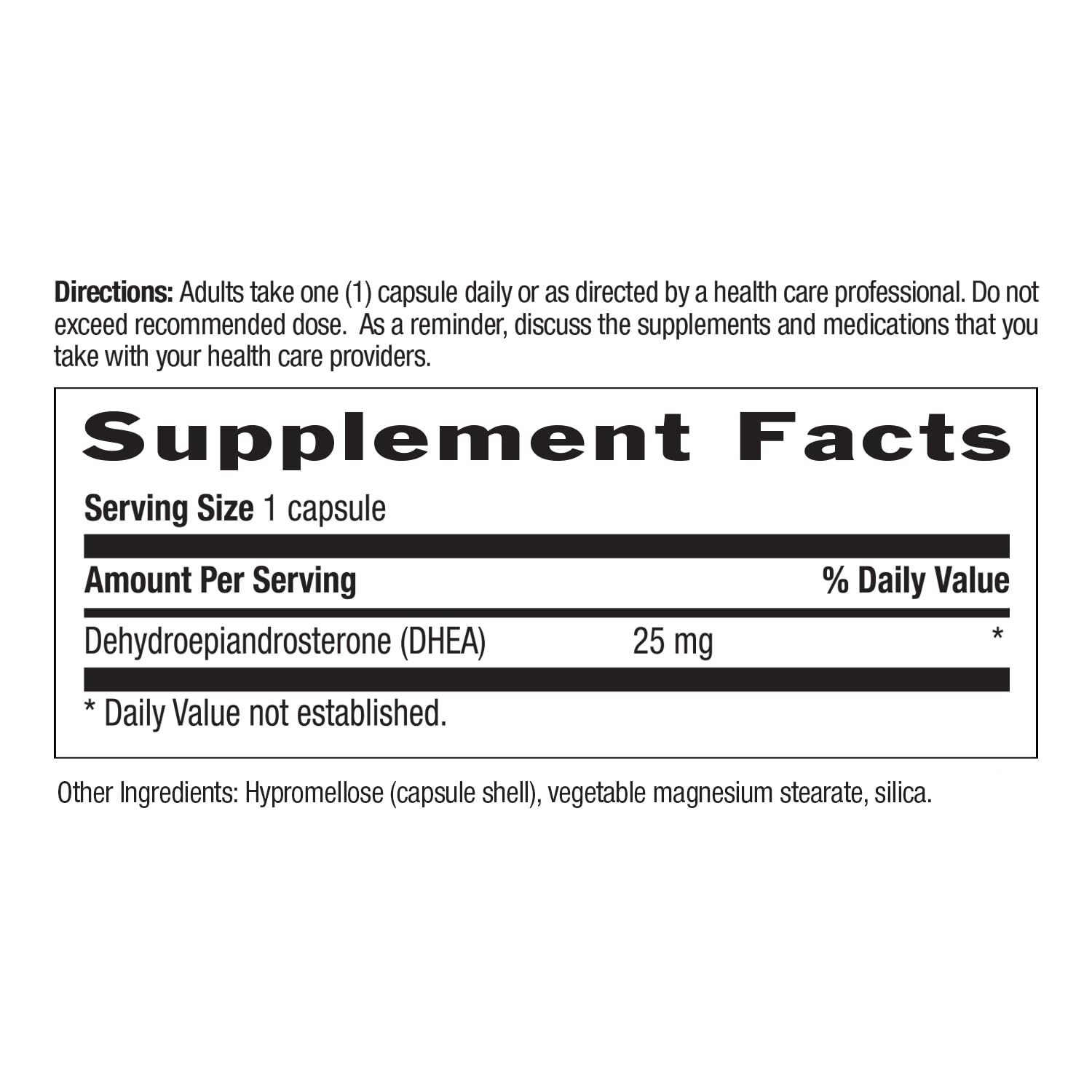 Nutrition facts panel for Country Life DHEA 25mg