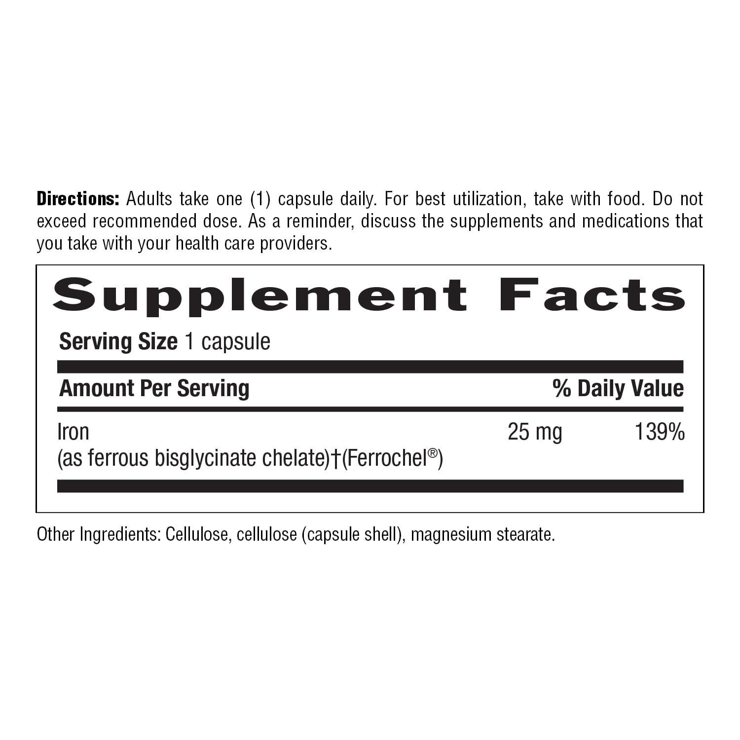 Back label on Country Life Easy Iron 25mg Capsules bottle