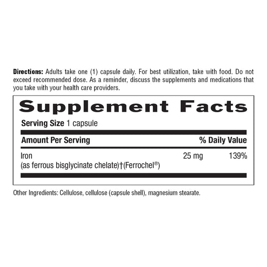 Back label on Country Life Easy Iron 25mg Capsules bottle