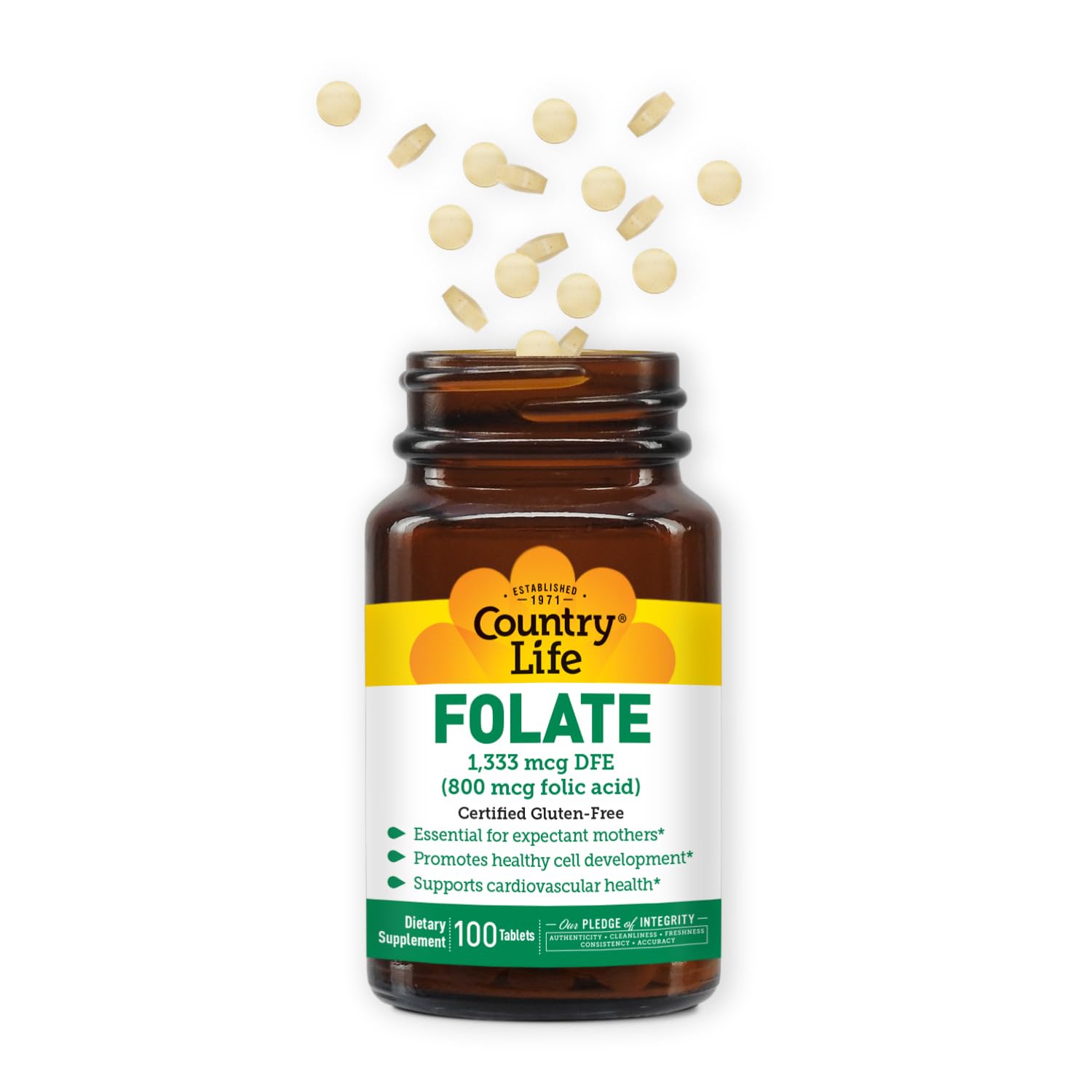 Close-up of Country Life Folate 800 mcg bottle and 100 tablets