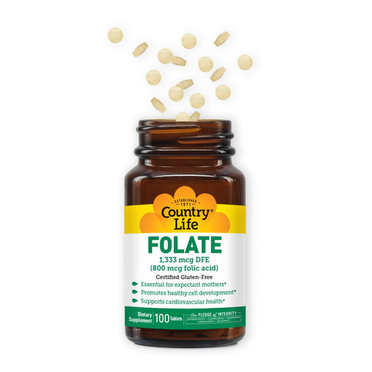 Close-up of Country Life Folate 800 mcg bottle and 100 tablets