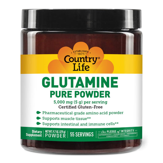 Country Life Glutamine Pure Powder bottle showing 5000mg L-glutamine per serving, 55 servings, 9.7oz