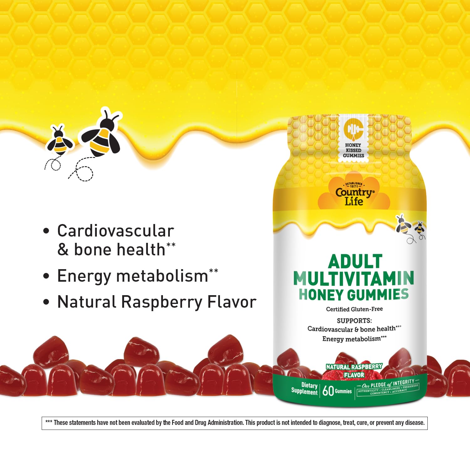 Nutrition facts panel for Country Life Honey Gummies per serving and per pack