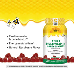 Nutrition facts panel for Country Life Honey Gummies per serving and per pack