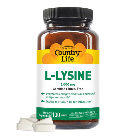 Country Life L-Lysine 1000mg with B-6 immune support bottle and label