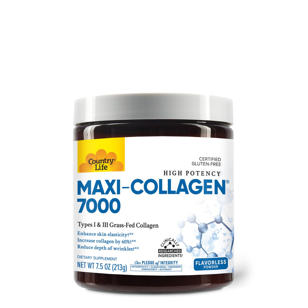 Country Life Maxi-Collagen 7000 powder jar label showing 7.5 oz