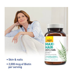 Close-up of Maxi-Hair ingredients including biotin and vitamins