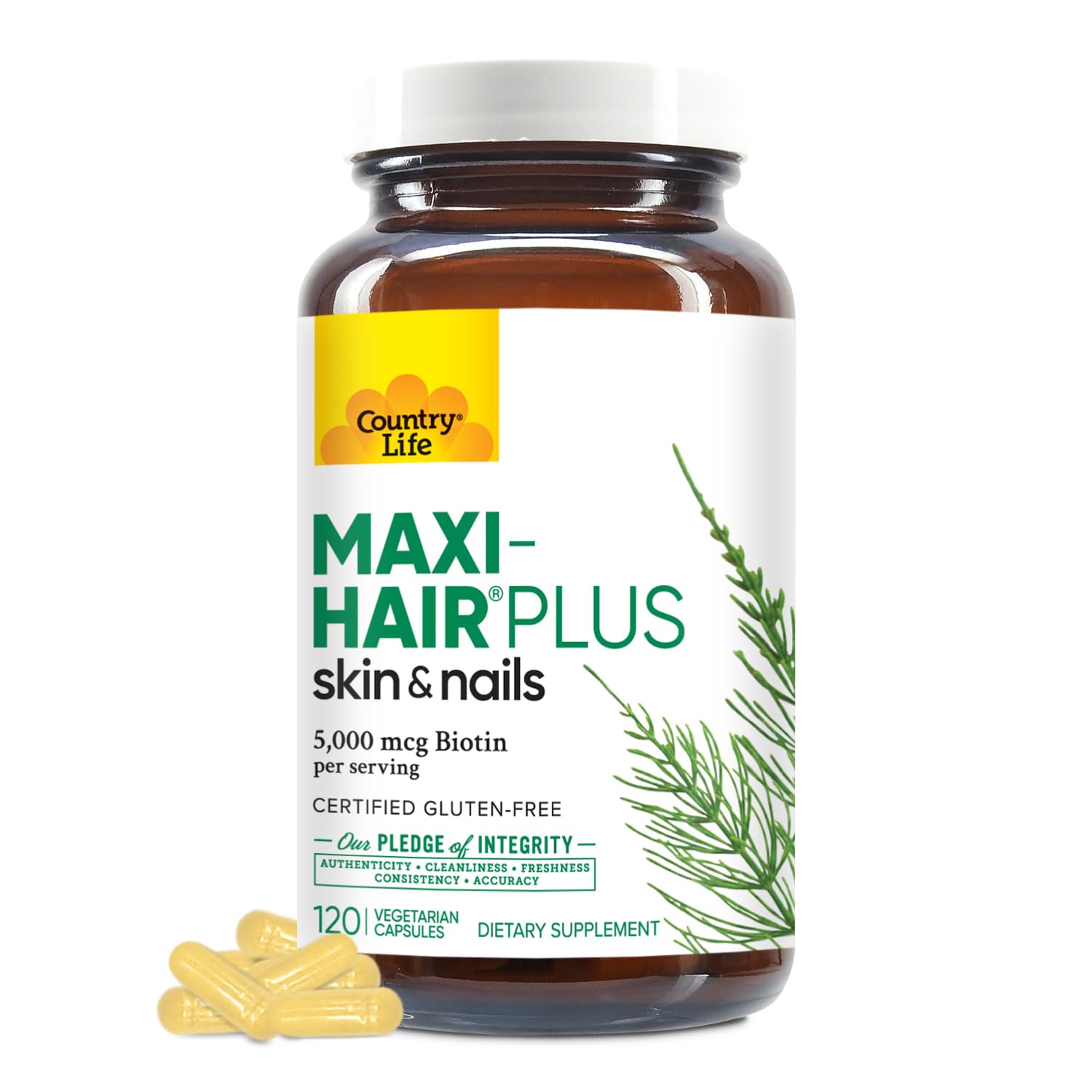Country Life Maxi-Hair Plus Biotin bottle label on white background