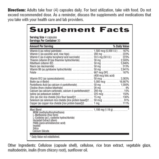 Close-up of Maxi-Hair Plus Biotin bottle label with product information