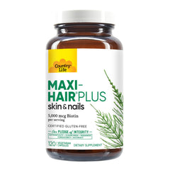 Back label of Maxi-Hair Plus Biotin bottle showing ingredients