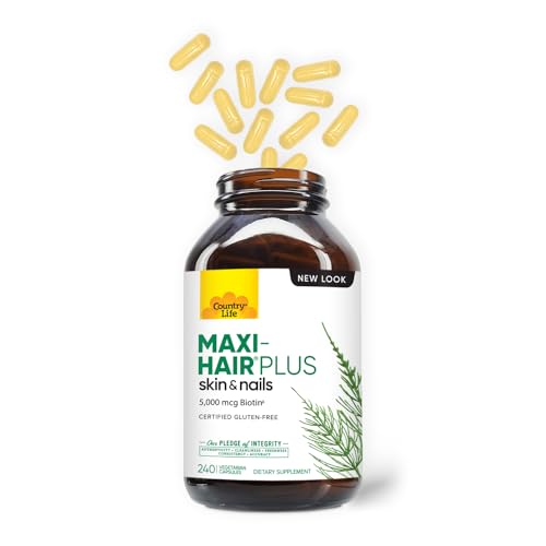 Close-up of hair with Maxi-Hair Plus Biotin bottle