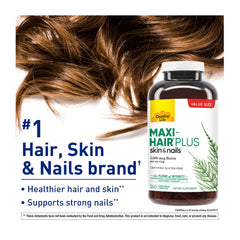Country Life Maxi-Hair Plus capsules closeup emphasizing 5,000 mcg biotin and nutrient blend