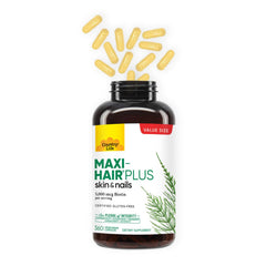 Country Life Maxi-Hair Plus label gluten-free closeup underlines vegetarian certification