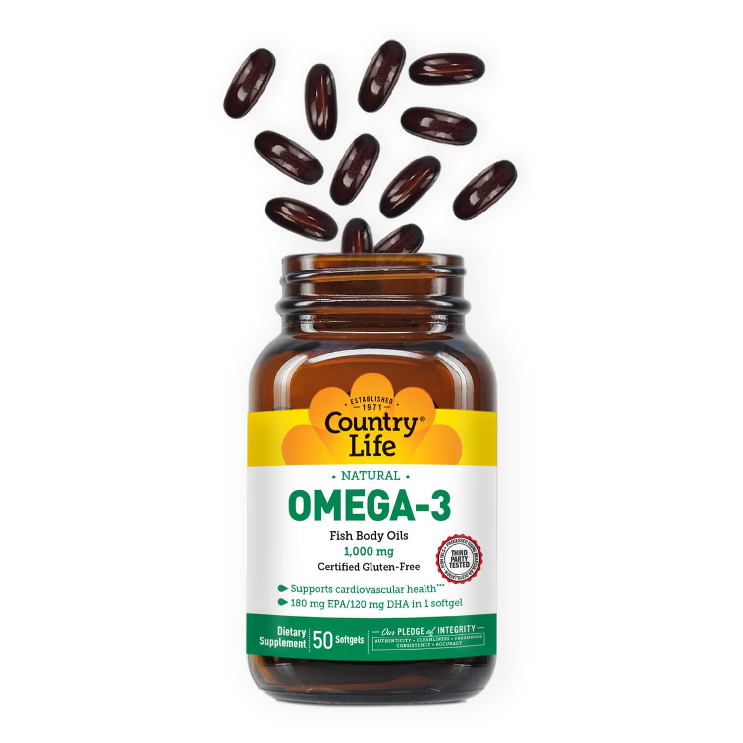 EPA 180 mg and DHA 120 mg per softgel highlighted on label