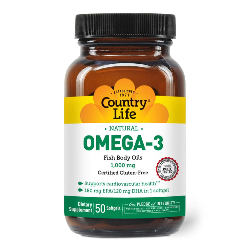 Country Life Omega-3 Fish Oil bottle with label showing 50 softgels