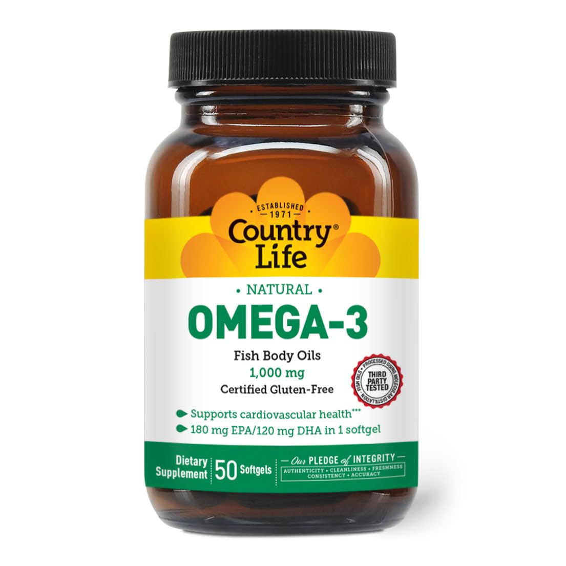 Country Life Omega-3 Fish Oil bottle with label showing 50 softgels