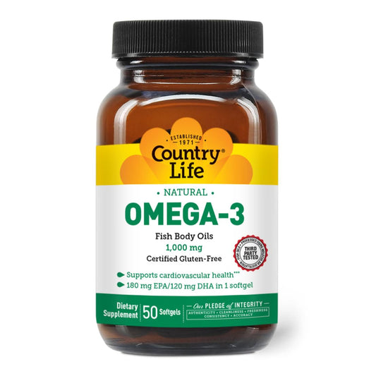 Country Life Omega-3 Fish Oil bottle with label showing 50 softgels