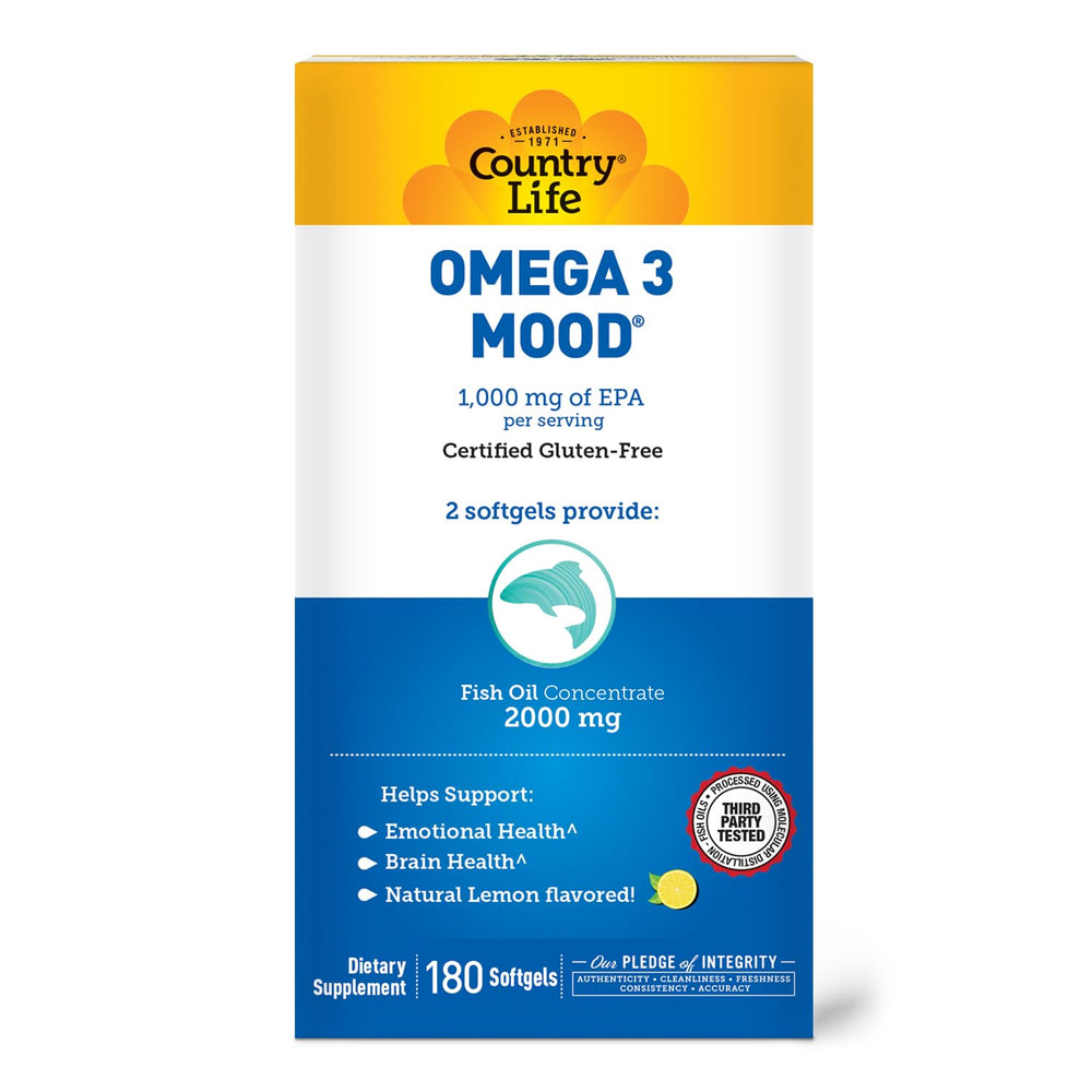 Close view of Country Life Omega-3 softgels showing dosage information.