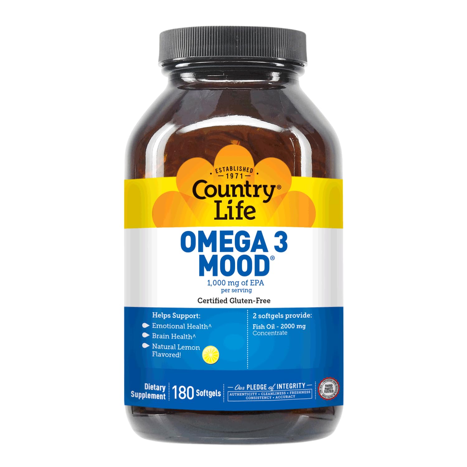Country Life Omega-3 bottle highlighting natural lemon flavor for taste.