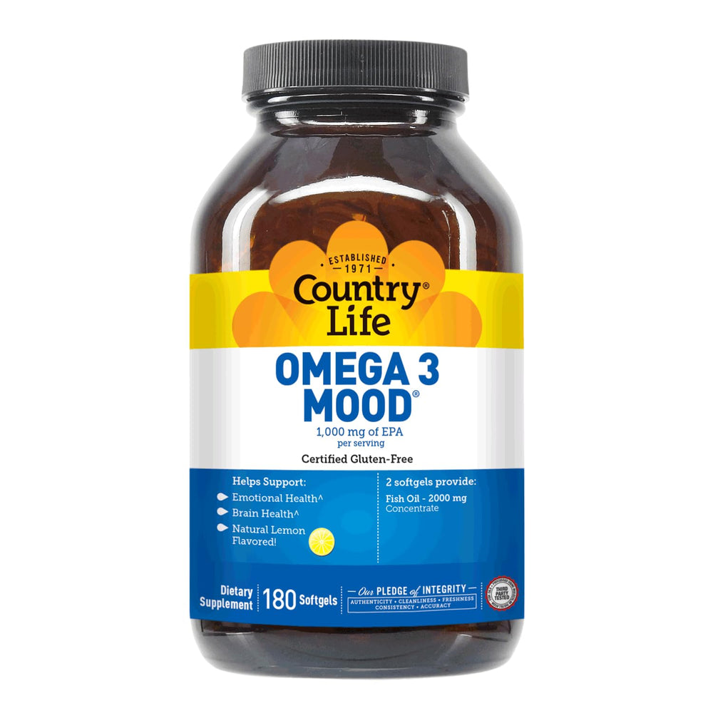 Country Life Omega-3 bottle highlighting natural lemon flavor for taste.