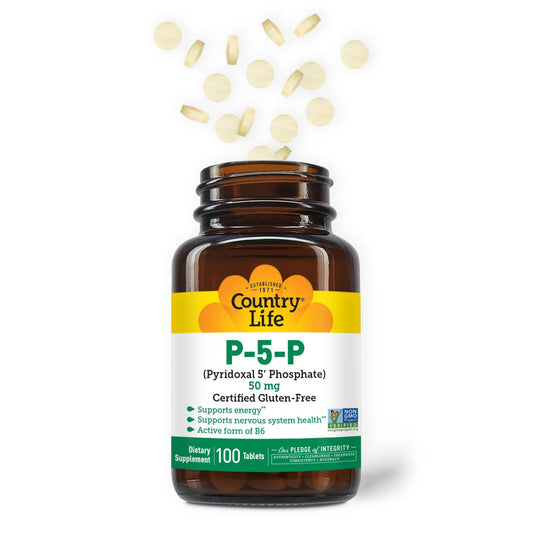 Back label of Country Life P-5-P Vitamin B6 bottle