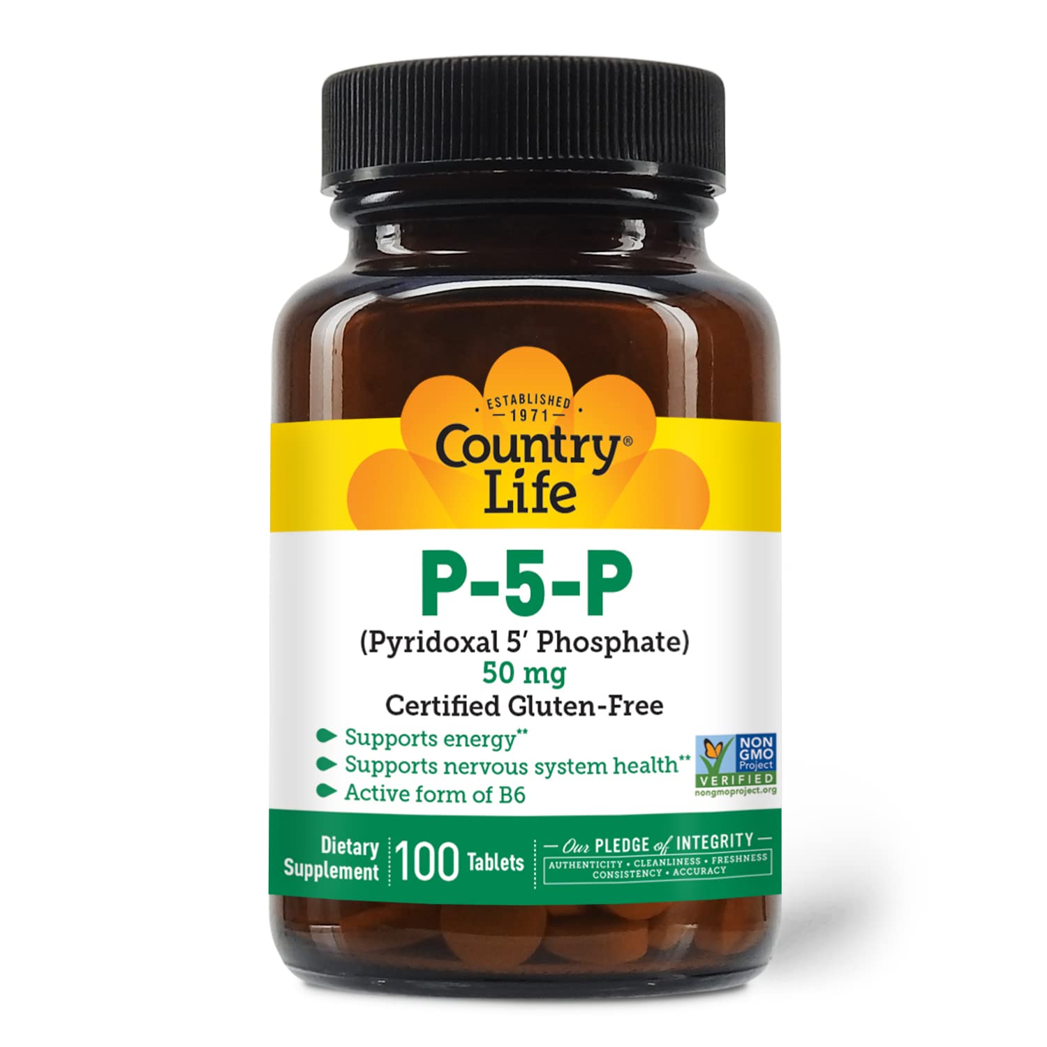 Side view of Country Life P-5-P Vitamin B6 bottle