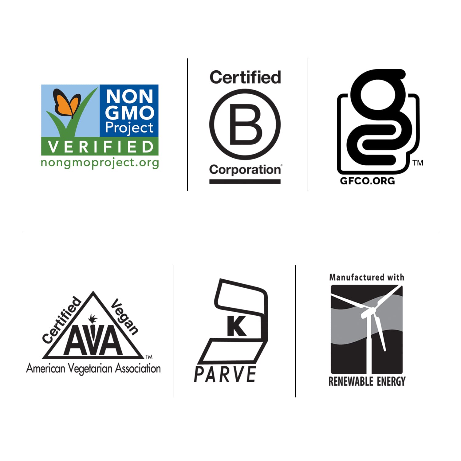 GFCO gluten-free and vegan non-GMO certifications on packaging