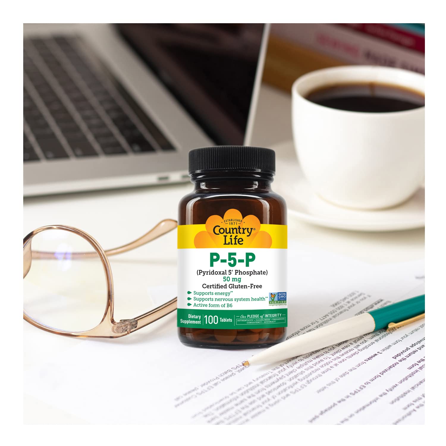 Close-up of pills with bottle for Country Life P-5-P Vitamin B6