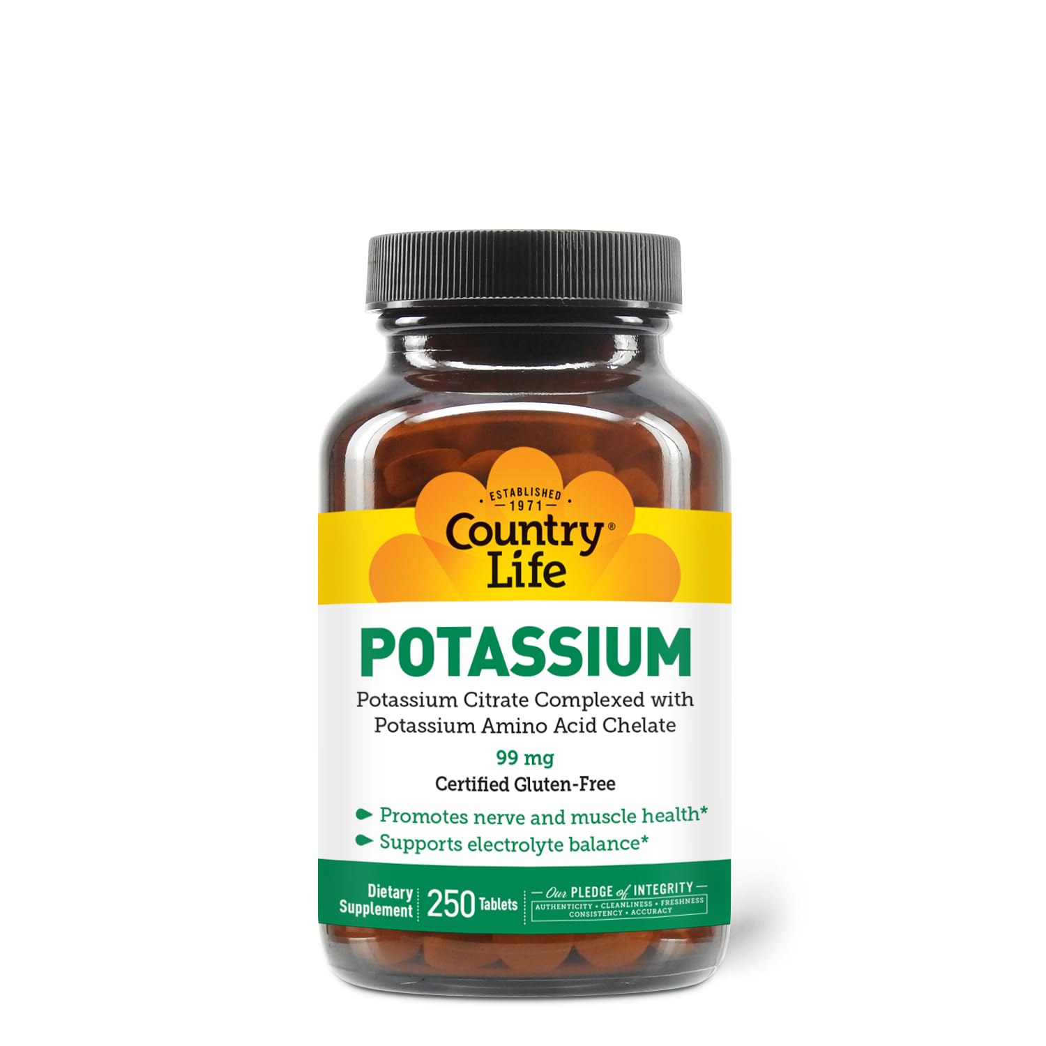 Country Life Potassium 99 mg tablets bottle on white background