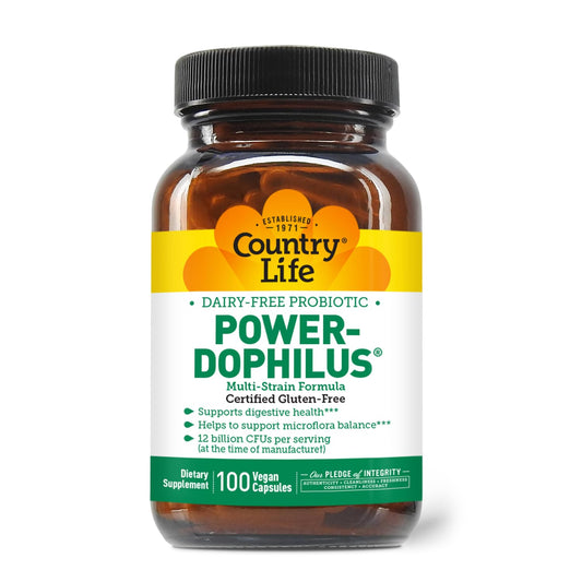 Country Life Power-Dophilus probiotic bottle showing 12B CFU per serving