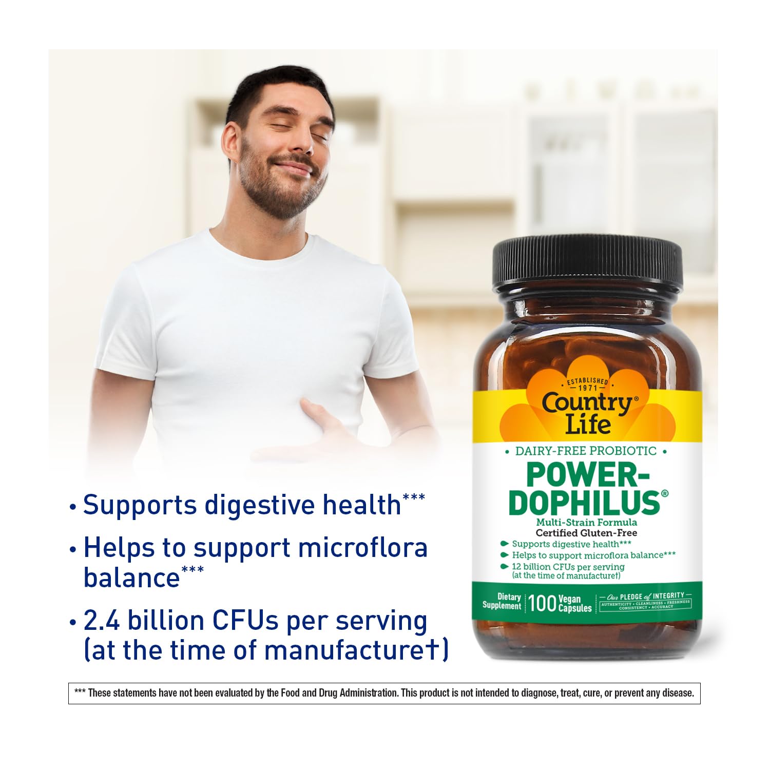 Close-up of dairy-free probiotic capsules highlighting 12B CFU potency